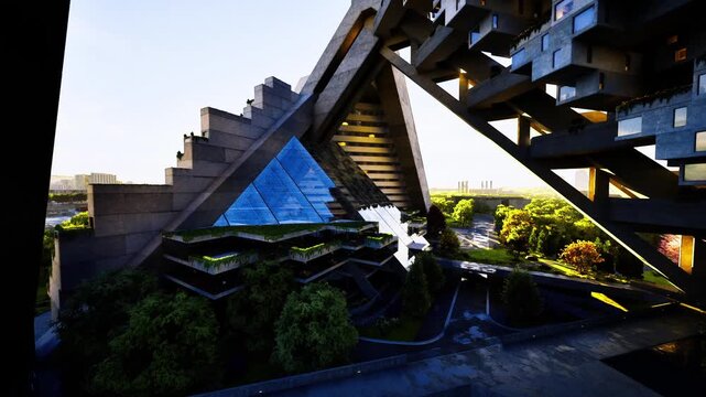 Sunlit terraced stairway framed by vegetation, multilevel concrete steps and angular panels, morning light filtering through trees, pedestrian circulation