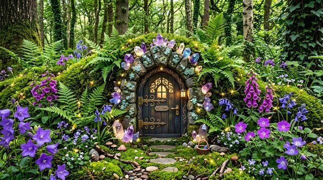 Enchanted fairy door in mossy woodland, magical gnome home with glowing crystals, mysterious forest stone cottage entrance