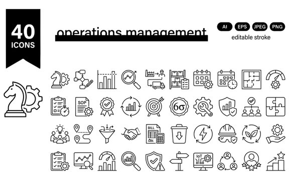 Black thin line operation management vector icons for business process strategy and logistics solution.