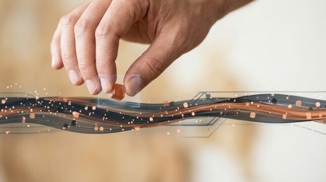 Human hand isolating one anomalous data signal from a digital stream with copy space