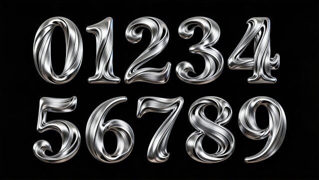 Complete numerals 0 to 9, 3D fluid wire texture number typeface, silver brushed metal effect on solid black background, decorative creative font asset