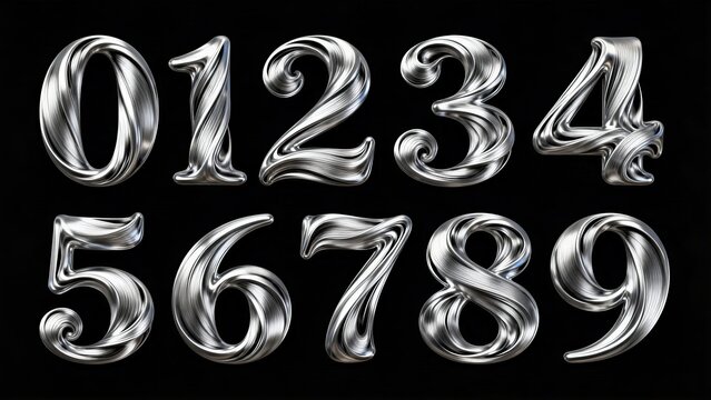 Complete numerals 0 to 9, 3D fluid wire texture number typeface, silver brushed metal effect on solid black background, decorative creative font asset