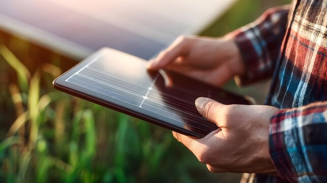 inspecting solar energy equipment with tablet in a green outdoor setting, sustainable business innovation concept, realistic photography