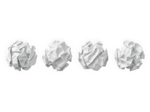 Four white crumpled paper balls arranged in a row isolated on transparent background