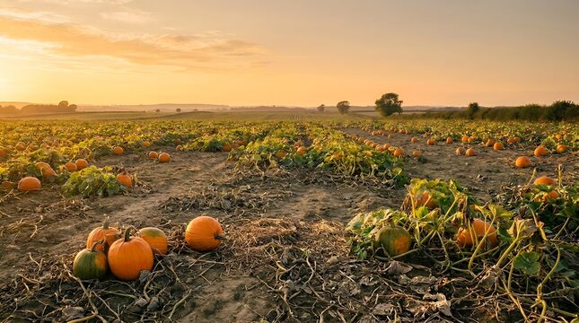Scenic pumpkin patch farm at sunset during golden hour harvest season