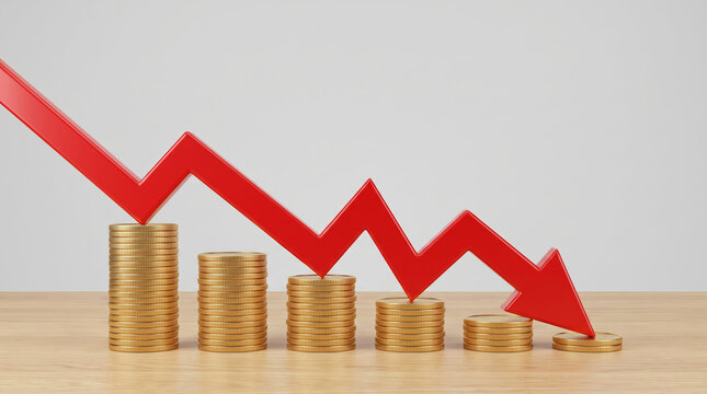 Inflation red arrow signals declining economy. Financial crisis recession. stock price increase falling, bankruptcy risk loss, chart graph statistic