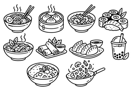Set of Asian food line art vector icons and illustrations, sushi, ramen, and dumplings