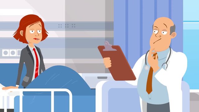Doctor examining female patient chart in cartoon hospital room video animation footage clip