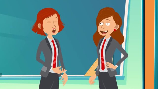 Animated school girls talking together in classroom video clip with vibrant colors and motion design