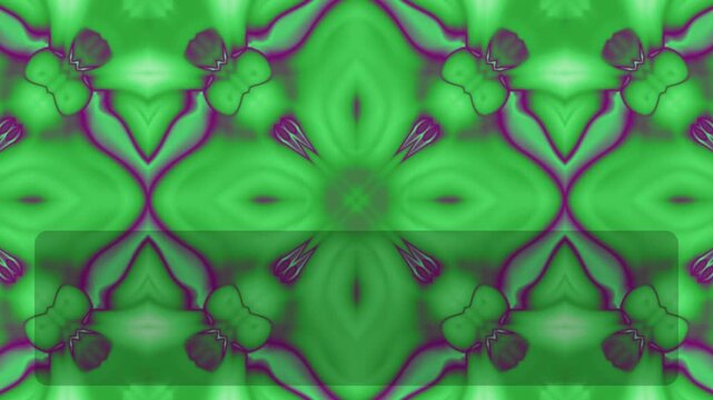 Vibrant green and purple abstract digital kaleidoscope pattern background with symmetrical geometric shapes.