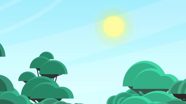 Bright sunny day with bright yellow sun shining brightly over green trees in animated vector landscape video