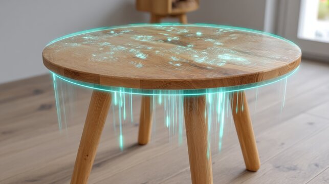 Futuristic Hologram Projecting Data Streams Onto Wooden Table