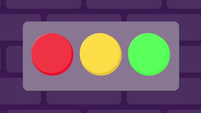 Animated traffic light glowing with vibrant red yellow and green circles against dark purple brick wall video clip