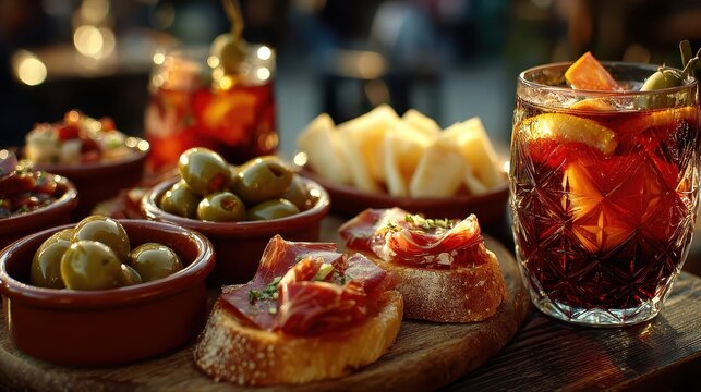 Traditional Spanish tapas with jamon iberico pinchos, olives, and cheese served with vermouth cocktails at a sunlit outdoor cafe