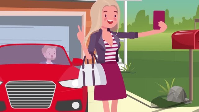 Blonde woman taking selfie with smartphone outside suburban house near red car in vector animation video clip