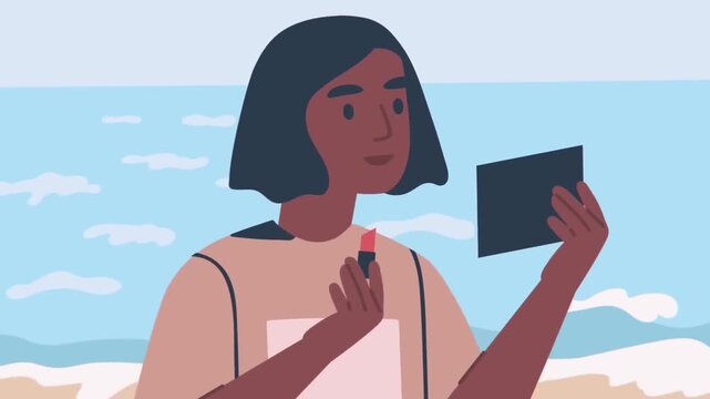 Two diverse young women sitting on wooden beach bench applying makeup and looking at phones in motion footage