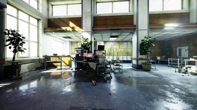 Bright open loft office desks bathed in sunlight, polished floor reflecting workstation monitors, potted plants, high ceilings with skylights, collaborative