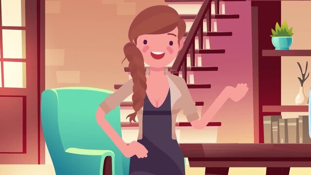 Animated young woman character smiling and explaining financial savings inside a glass jar in flat vector style video footage
