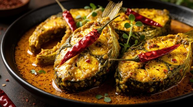Traditional Bengali shorshe ilish dish served in black bowl. Hilsa fish cooked in spicy yellow mustard sauce with red chili peppers. Authentic Indian seafood meal with aromatic spices, herbs for