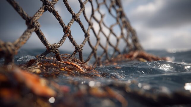Ocean Surface Laden With Floating Plastic Waste and Fishing Net Debris
