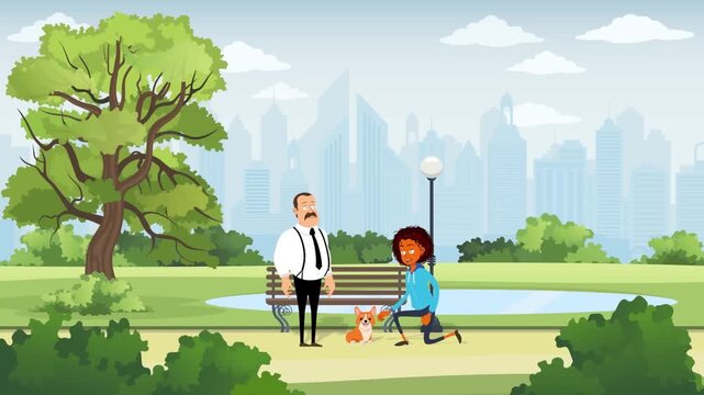 Animated people walking pets and relaxing in a sunny public park with skyscrapers in the background video footage