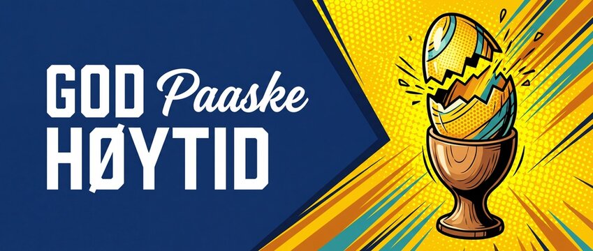 Norwegian Easter pop art banner with cracked egg in wooden egg cup and Scandinavian greeting text God Paaske Hoytid for retro comic style seasonal holiday banner graphic background design template