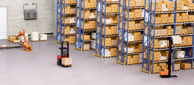 Warehouse Scene with High Shelves, Palletising Robots and Reach Fork Track. Robotic Palletising and Packaging Concept.. 3D illustration	
