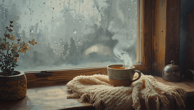 A cup of hot drink in a cozy corner of the house.