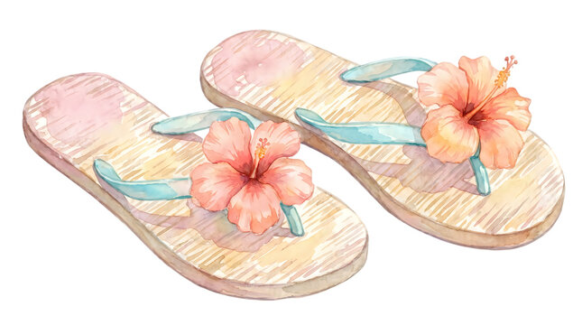 Watercolor summer flip flops illustration, floral tropical beach sandals with pink hibiscus flowers, beachwear fashion accessories clip art isolated PNG with Transparent Background