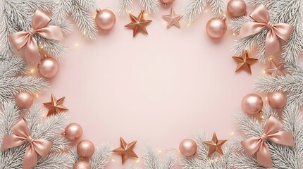Obraz premium Rose gold Christmas ornaments with frosted pine on pink background