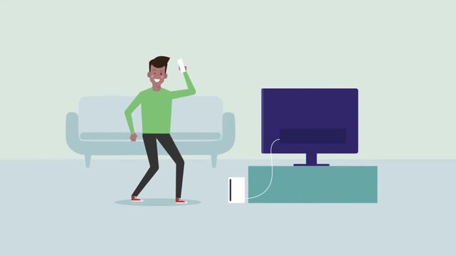 Young happy man playing video games holding remote control in living room motion graphic animation