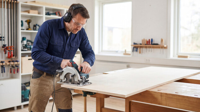 Worker cutting panel with saw on a workbench in a bright carpentry workshop, wearing ear protection and a navy shirt. Skilled craftsmanship and furniture making for renovation concepts