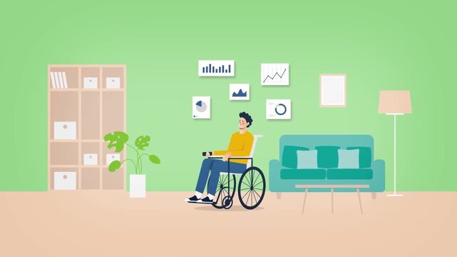 Disabled young man sitting in wheelchair inside cozy modern office room featuring business charts vector animation footage