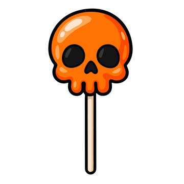 Orange skull lollipop candy on stick, cute cartoon Halloween sweet treat sticker icon vector