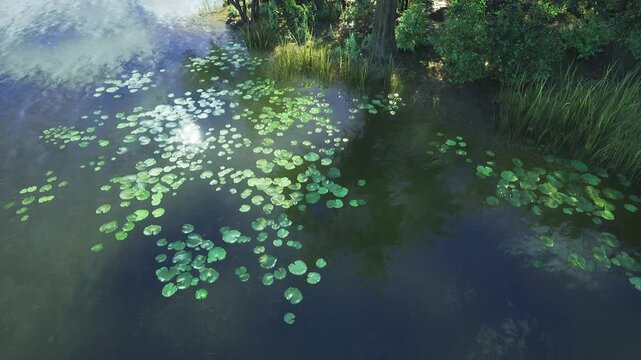Lily pads covering pond surface, sunlight dappling leaves calm green water reflecting sky, subtle ripples and algae patches along shaded bank ideal background