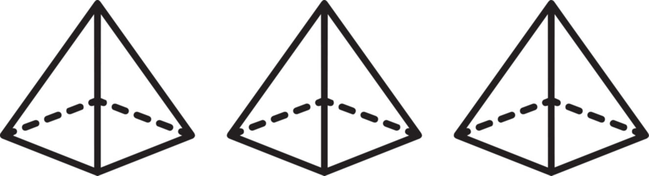 Set of three pyramid icons, simple geometric 3d shapes with dashed lines for depth, vector illustration