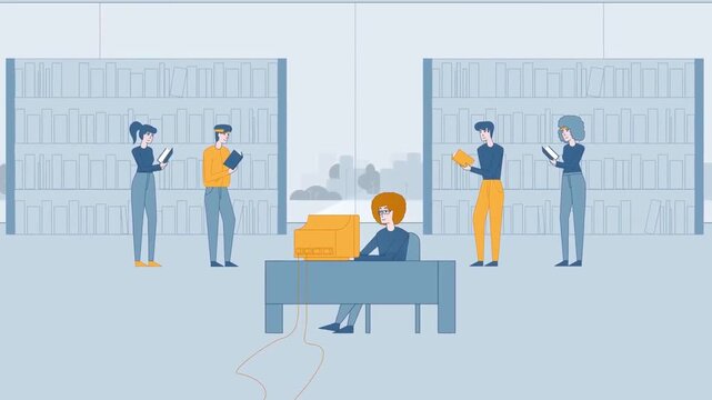 Animated library scene featuring students reading books and working on computers in flat vector motion design video
