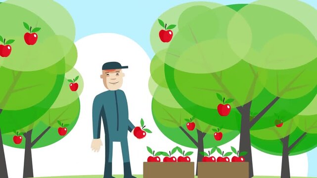 Smiling farmer picking fresh red apples from a green tree in this animated video clip motion graphic