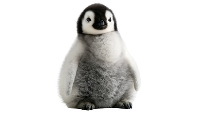 Fluffy emperor penguin chick with soft grey down feathers and black head © Matthias
