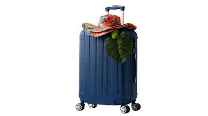 Blue hard shell rolling suitcase with floral sun hat and tropical monstera leaf © Matthias