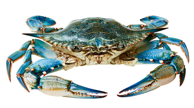 Vibrant blue crab with sharp claws and textured carapace