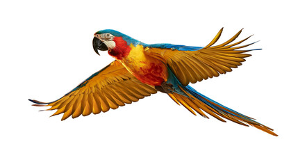 Vibrant blue and yellow macaw parrot flying with wings spread wide © Matthias
