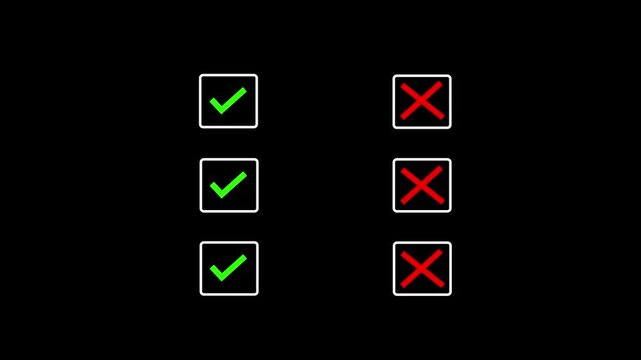 Checkmark and cross mark set, green ticks and red x symbols for checklist, survey, and evaluation on a black Background