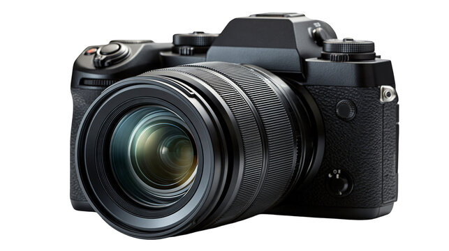Black mirrorless digital camera with large zoom lens and textured grip