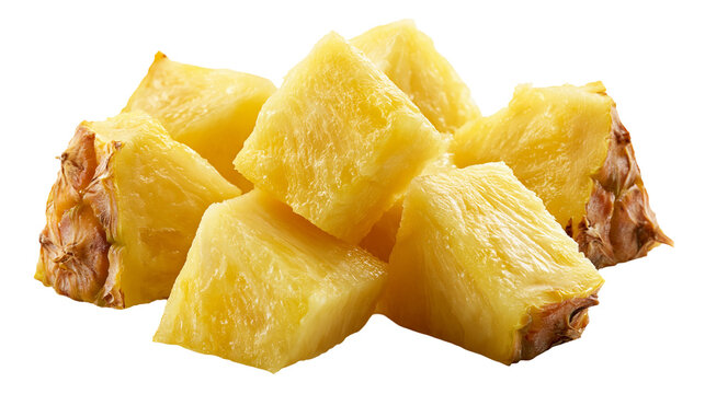 Fresh ripe pineapple chunks with yellow juicy flesh and brown textured skin