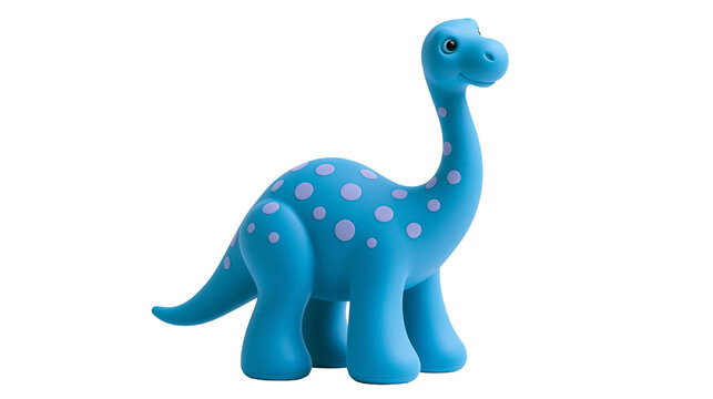 Blue toy dinosaur with purple spots standing on four legs