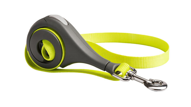 Retractable dog leash with neon green nylon strap and metal swivel snap hook