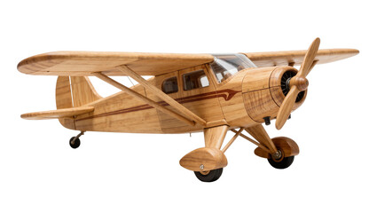 Detailed wooden model airplane with propeller and landing gear, isolated on transparent background © iPNG