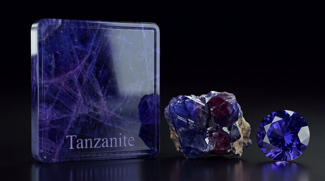 Square polished tanzanite tile engraved with Tanzanite next to a rough raw crystal cluster and a round faceted gemstone on a black surface.