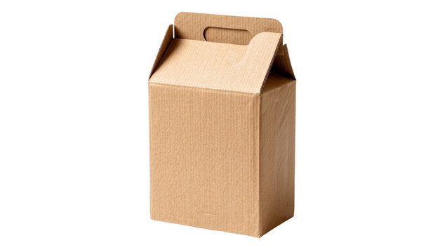 Brown cardboard gift box with handle, isolated on transparent background